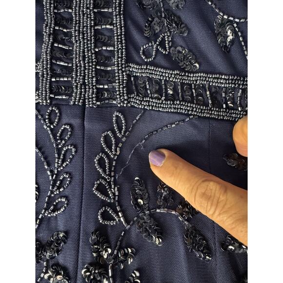 Adrianna Papell Women’s 10 Navy Beaded Sequin Mesh Formal Maxi Evening Gown - Picture 14 of 16